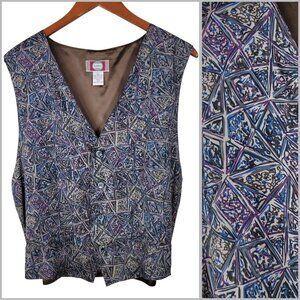 Vintage 100% Silk Vest Large Bold Colorful Geometric Lightweight Blue Purple